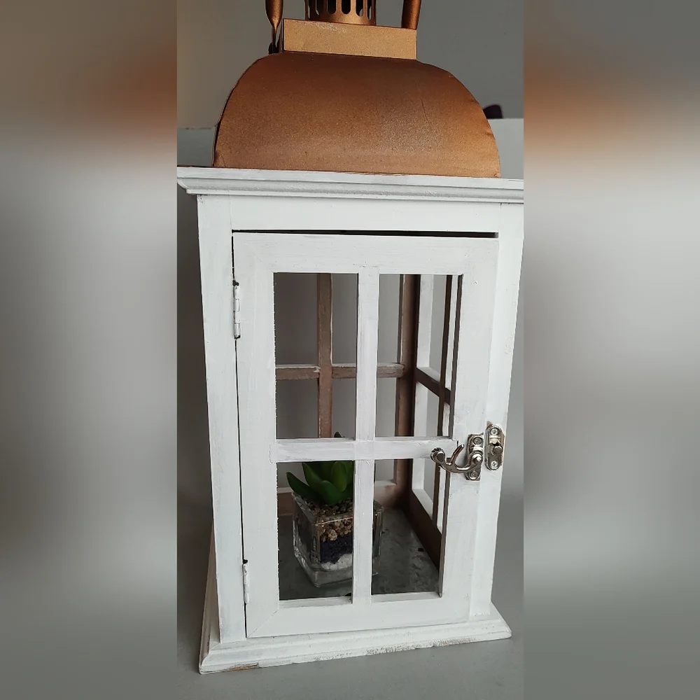 Elements Lantern home decor white and galvanized metal wood good condition - Picture 10 of 11